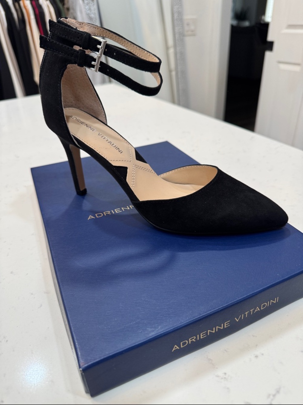 Adrienne Vittadini Black Suede Pointed-Toe Ankle-Strap Heel